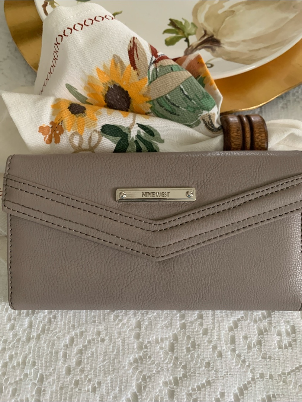 Nine West Taupe Gray Envelope Wallet with Metal Logo